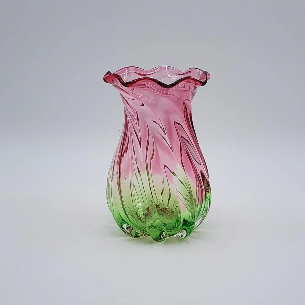 Vintage Teleflora Vase Hand Blown Glass Pink to Green Swirl & Ruffled Rim 7.5